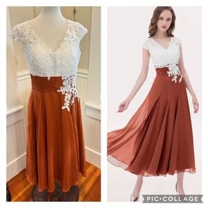 VNAIX Lace Cap Sleeve V Neck Bridesmaid Formal Dress Long Rust Orange M